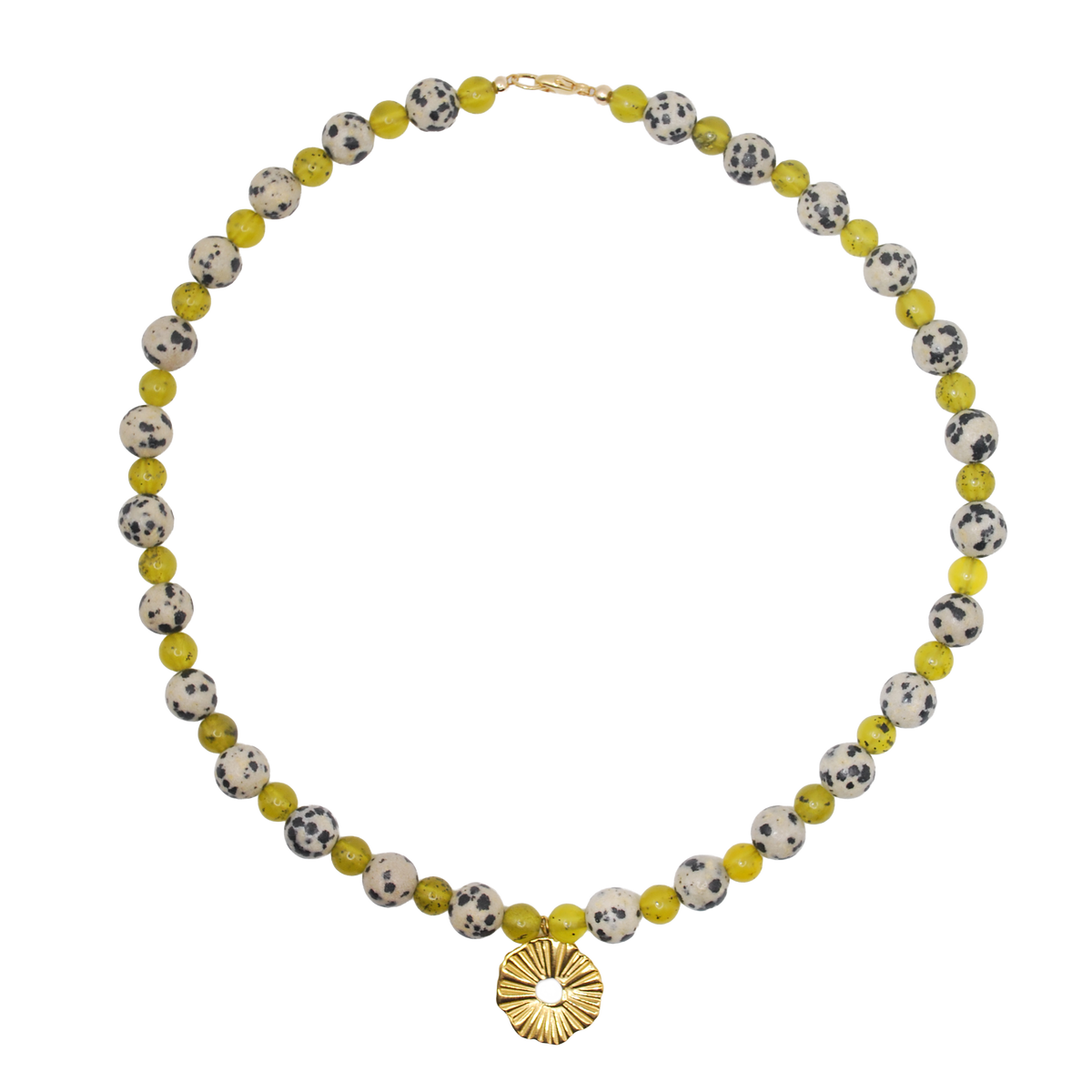 ‘spotted sun’ dalmatian jasper beaded necklace with gold sunburst charm