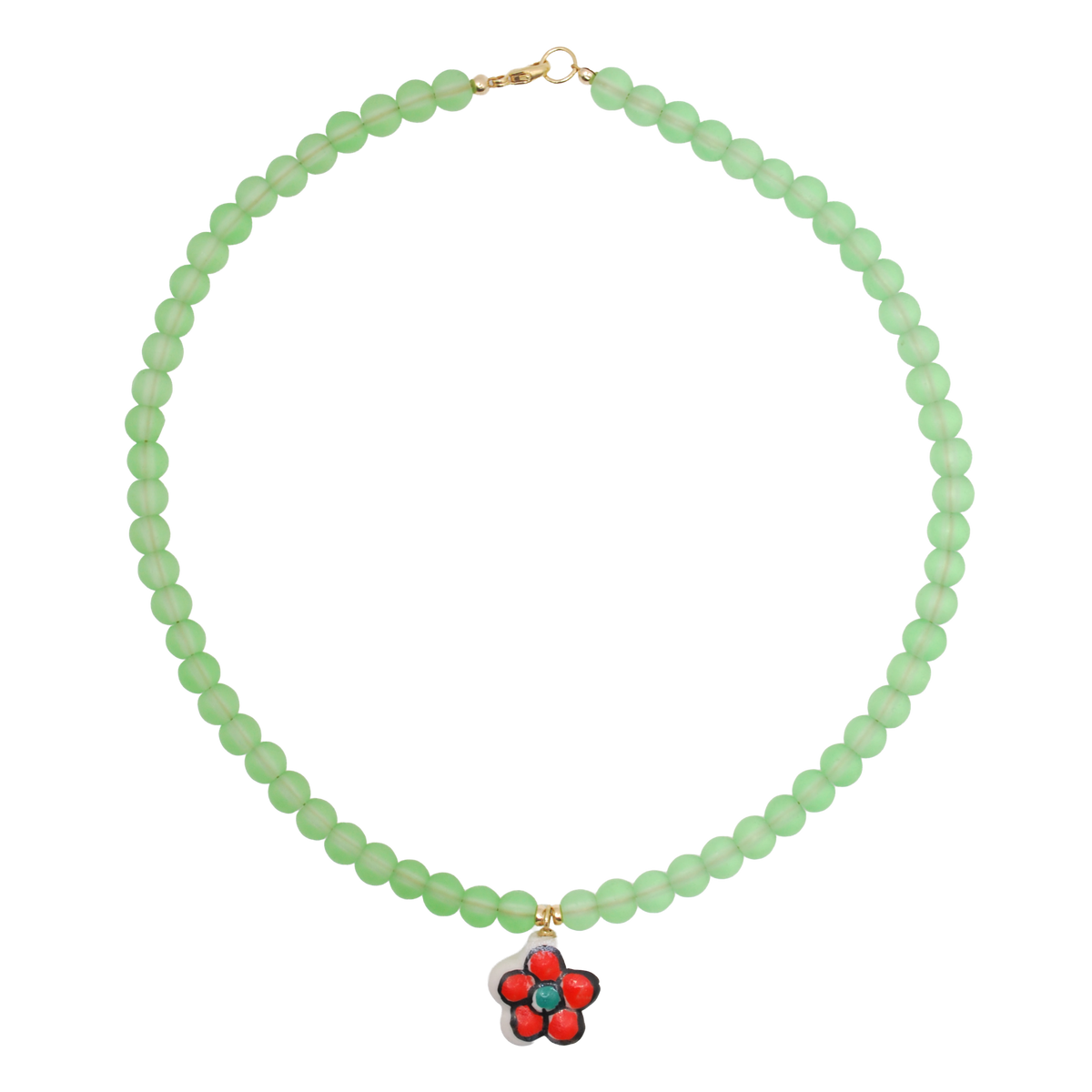 ‘sea glass poppy’ mint beaded necklace with enamel flower charm