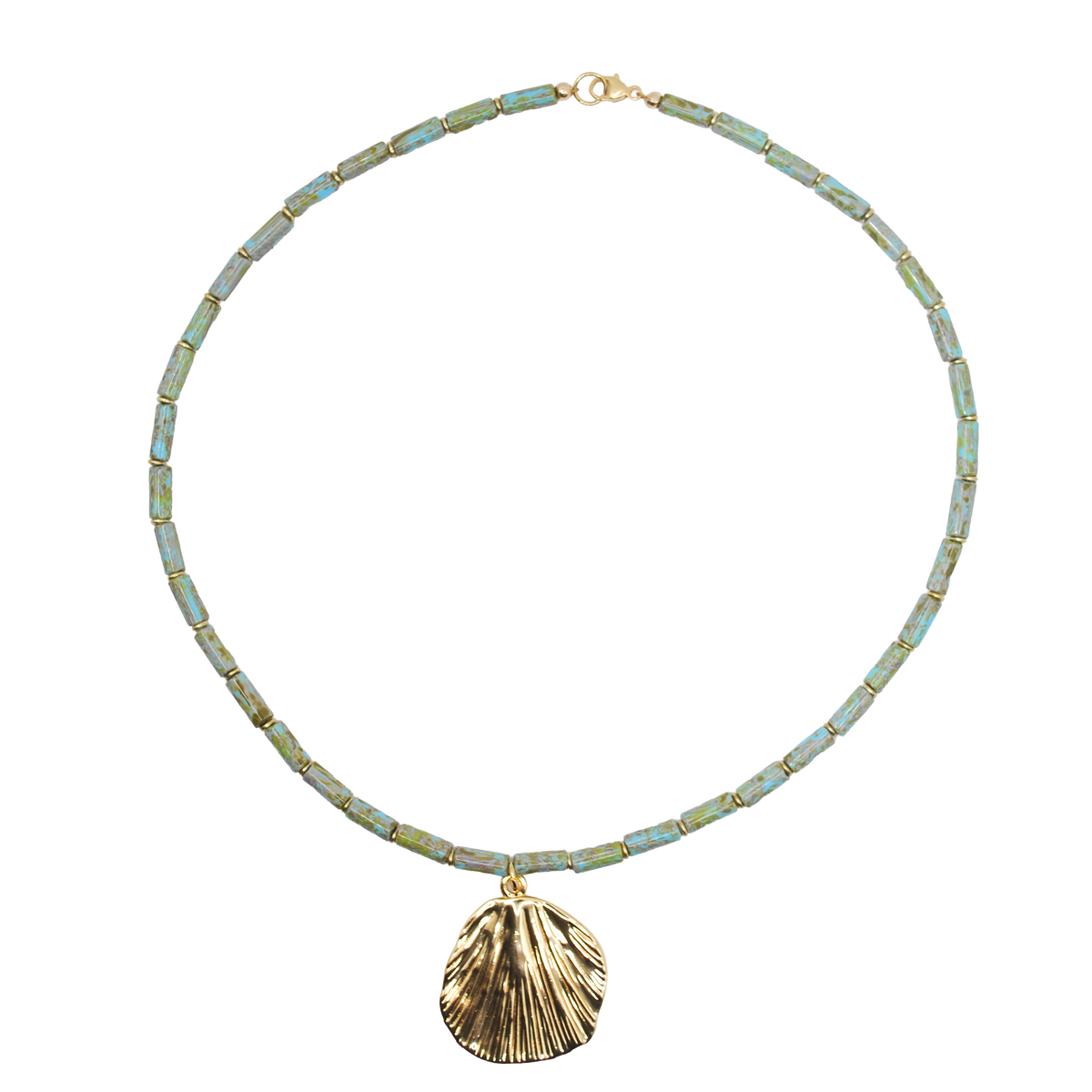 ‘low tide’ patina beaded necklace with gold shell charm