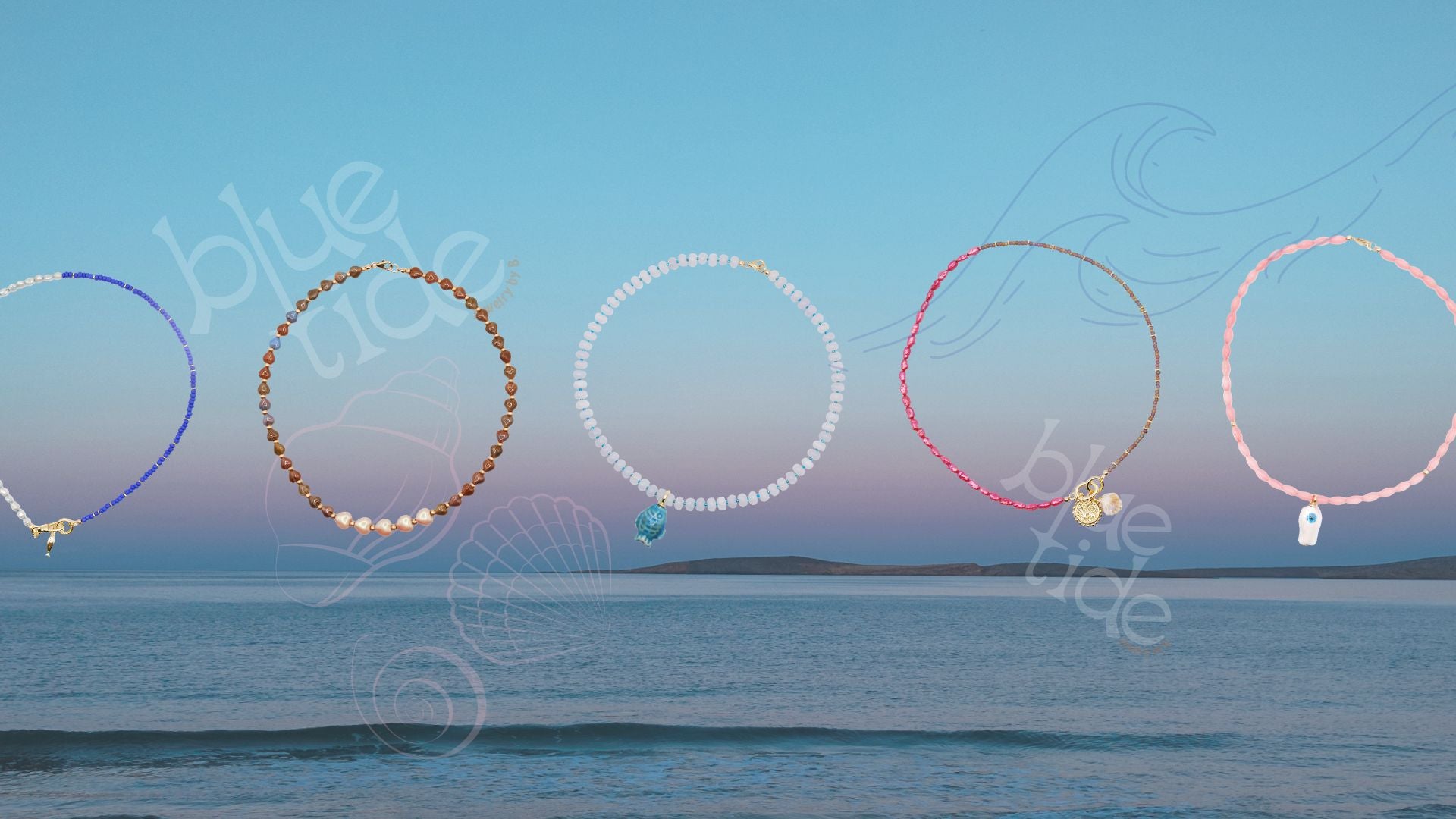bold coastal inspired handmade beaded necklaces in multiple colors displayed on a serene water and sky image with blue tide logos and branding