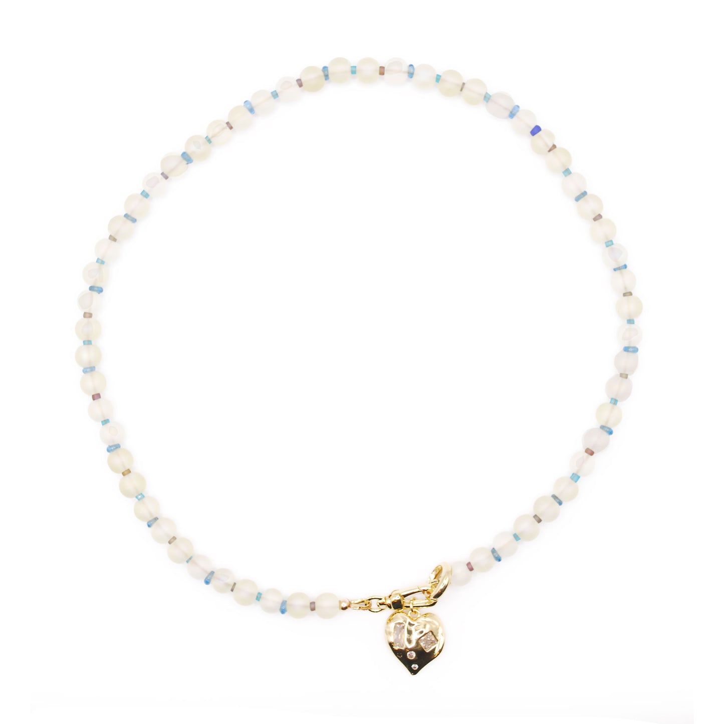 Handmade Blue Lagoon beaded necklace with blue and clear beads, and a diamond dotted gold heart charm