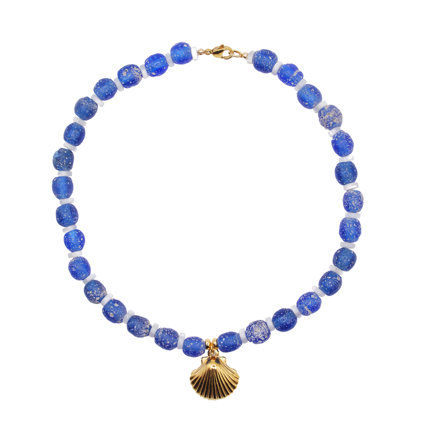 large blue marbled beads with white speckles and a large gold calico charm pendant