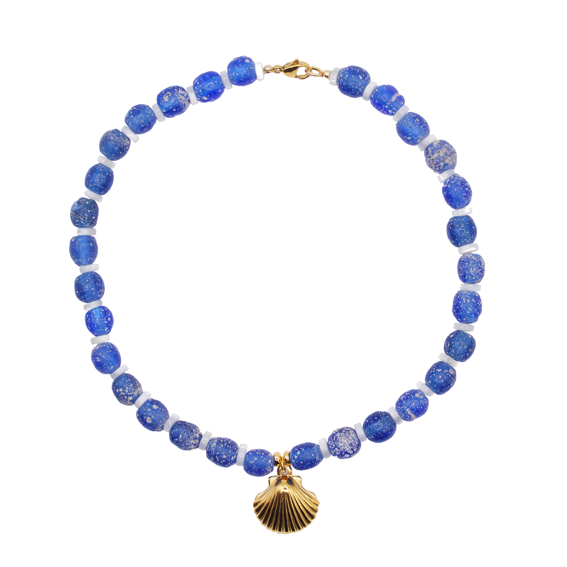 large blue marbled beads with white speckles and a large gold calico charm pendant