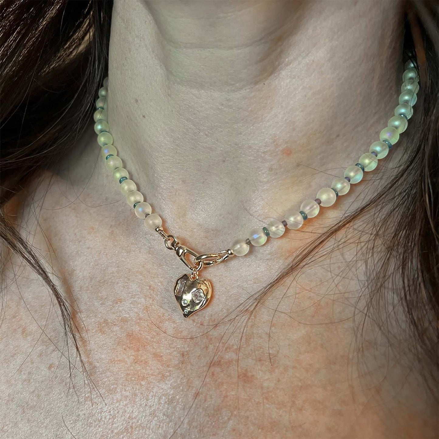 'blue lagoon' beaded necklace with diamond-dotted heart charm