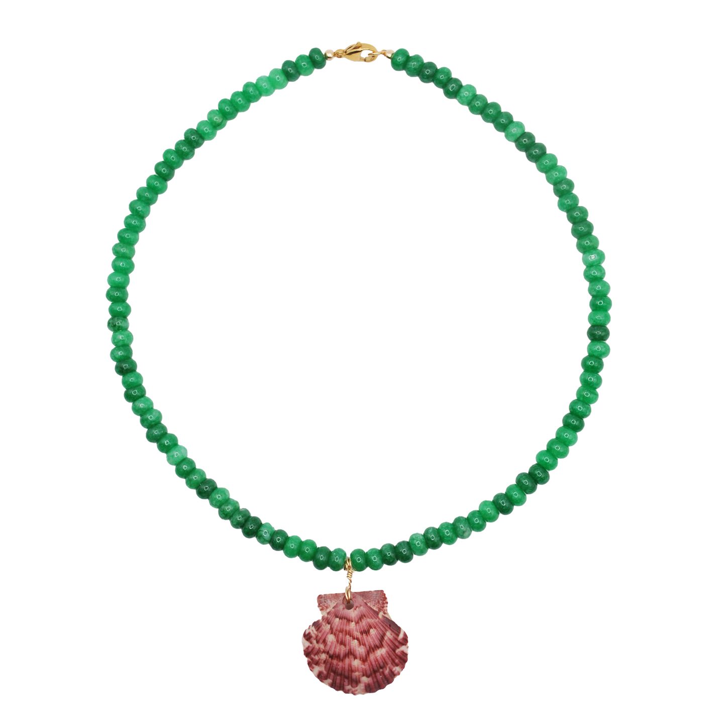 emerald green rondelle beads with a natural calico shell pendant