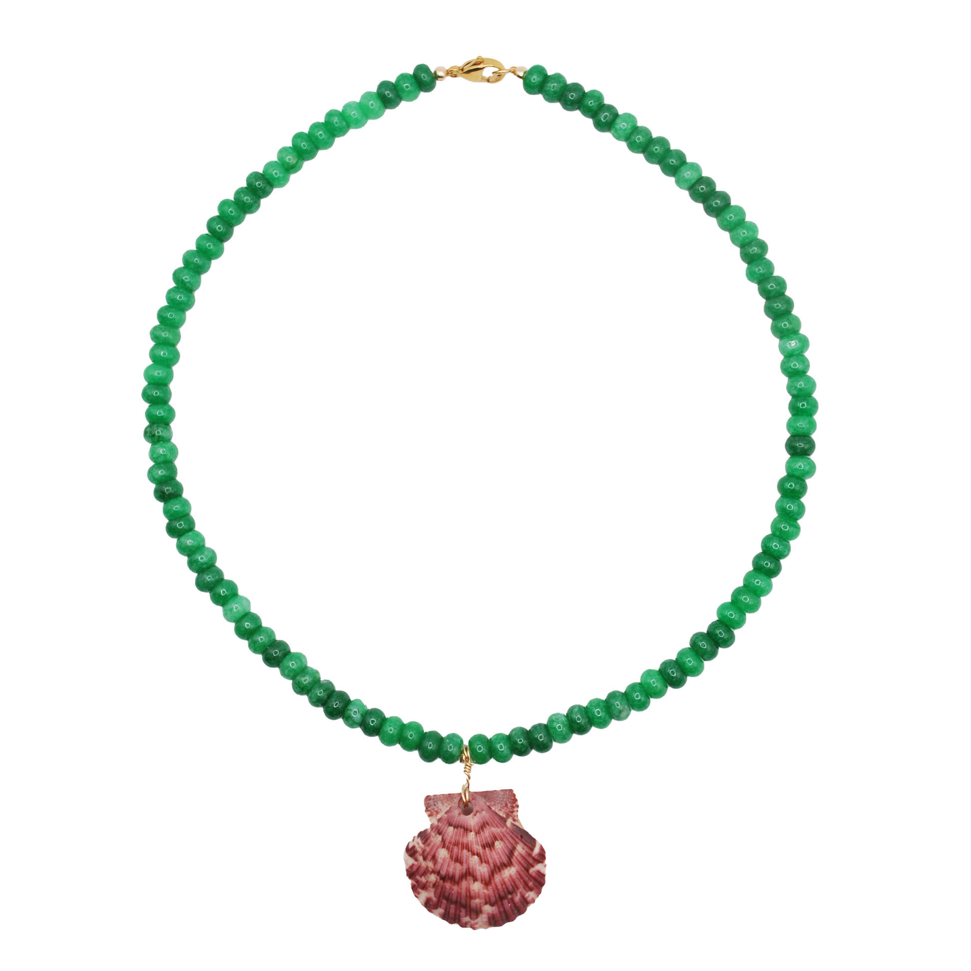 emerald green rondelle beads with a natural calico shell pendant
