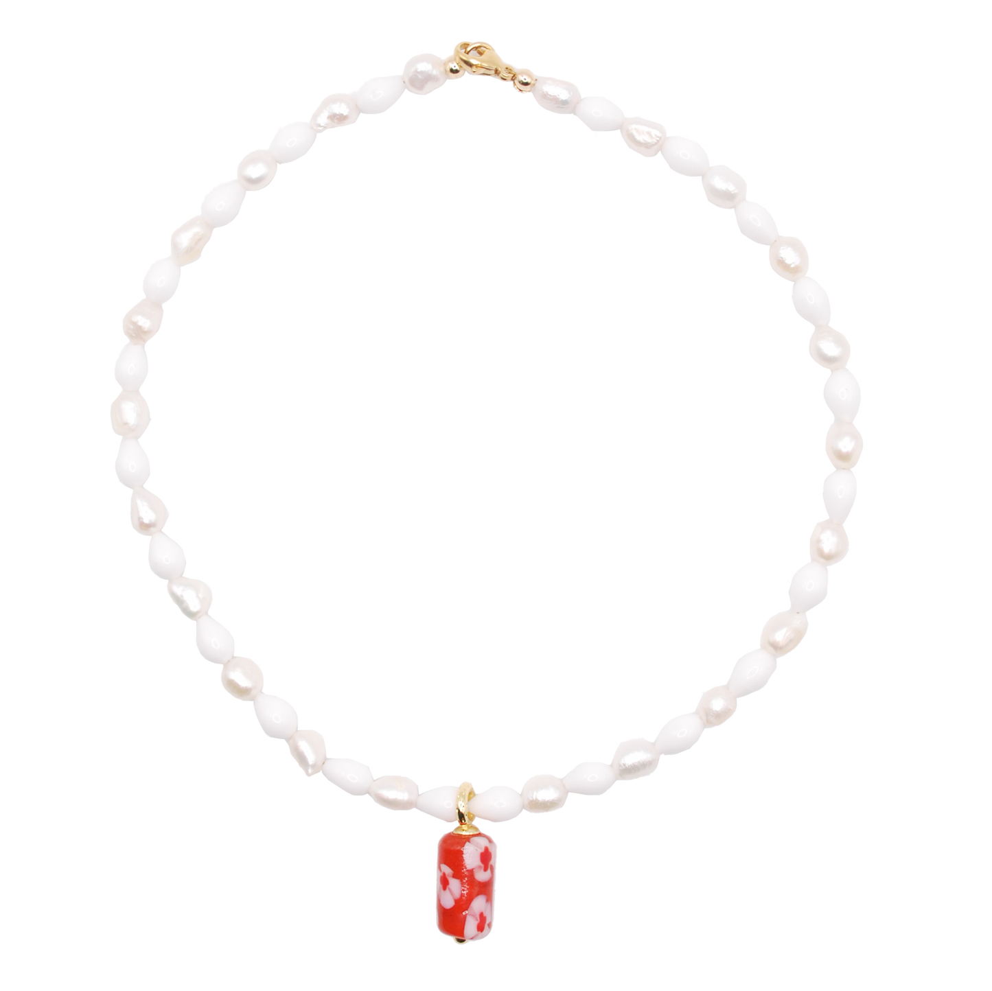'cherry tide' white pearl beaded necklace with a bold pink & red bead charm