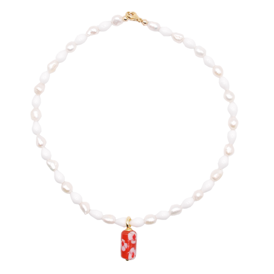 'cherry tide' white pearl beaded necklace with a bold pink & red bead charm