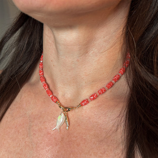 'coastal rosé' pink beaded necklace with gold fish charm