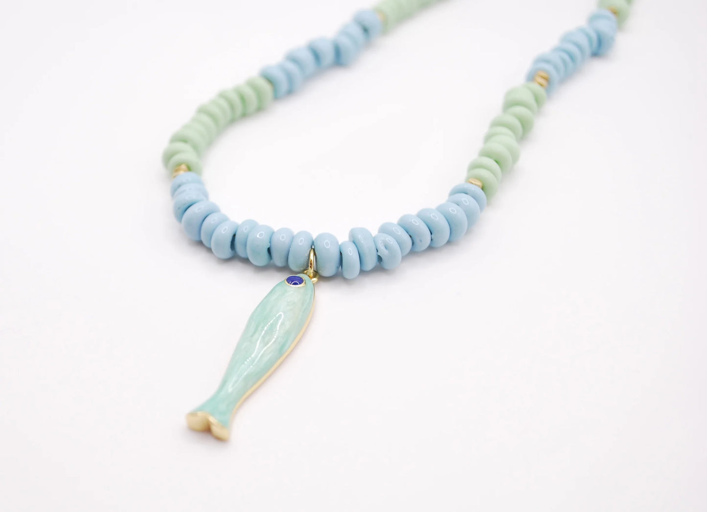 'seaglass' beaded necklace with green fish charm