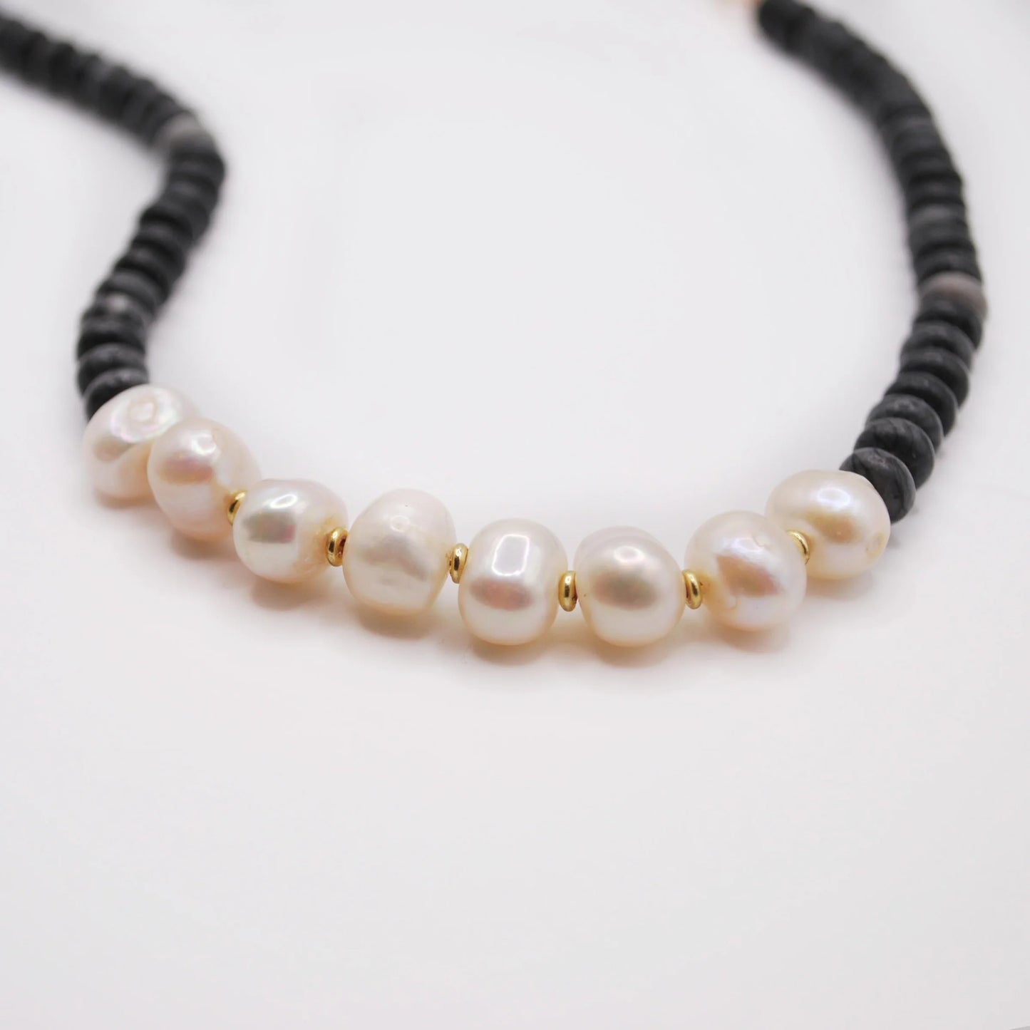 'midnight tide' black beaded necklace with pearl accents