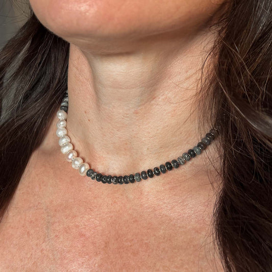 'midnight tide' black beaded necklace with pearl accents