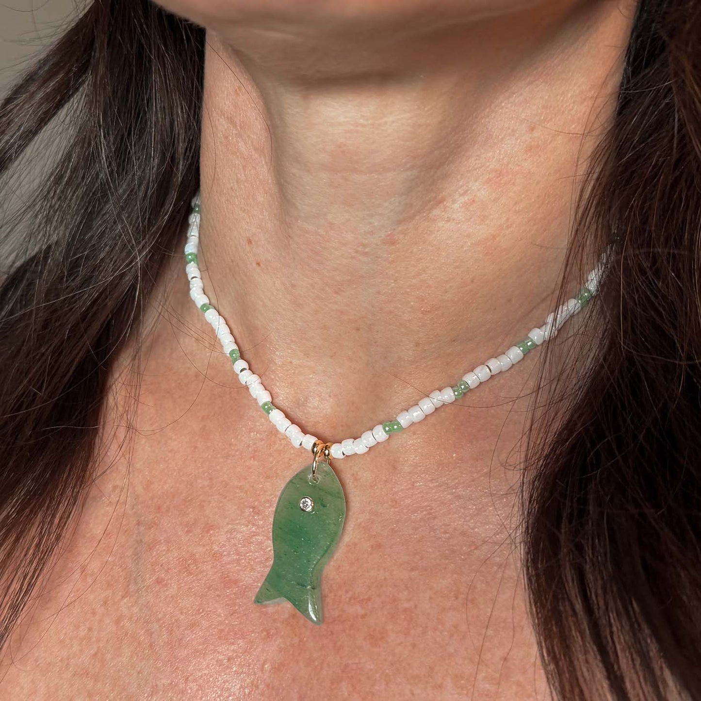'seafoam minnow' beaded necklace with bold green fish charm