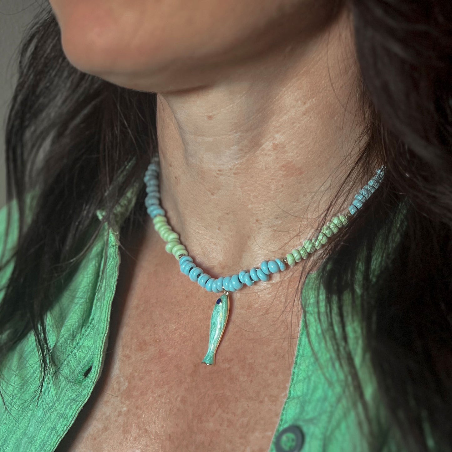 'seaglass' beaded necklace with green fish charm