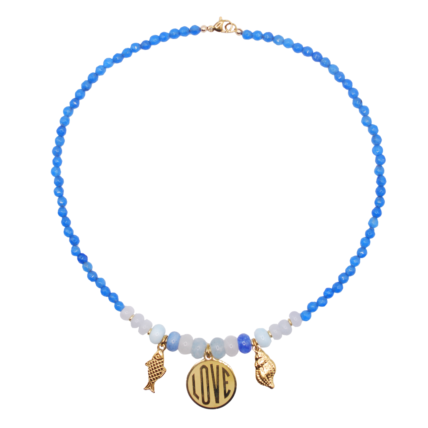 blue beaded necklace with large blue accent pieces along with a large love charm and a fish and shell charm