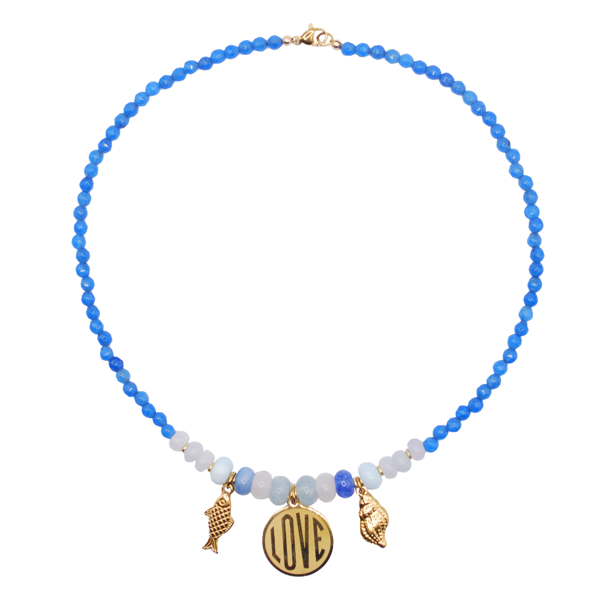 blue beaded necklace with large blue accent pieces along with a large love charm and a fish and shell charm