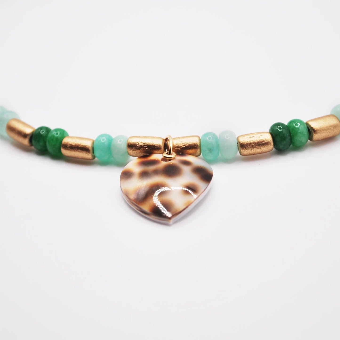 'tide breaker' beaded necklace with tiger cowrie shell heart pendant