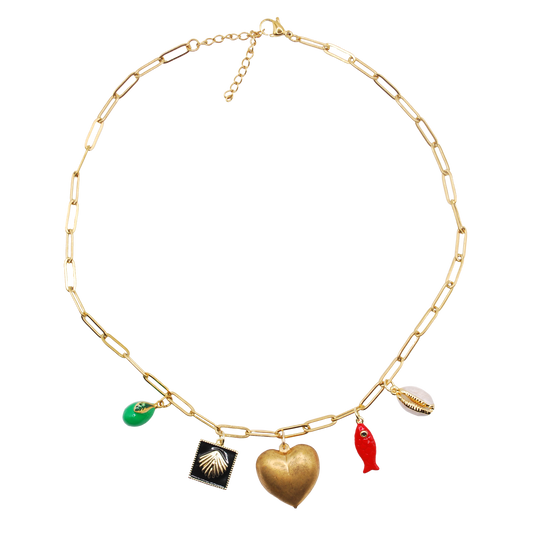 tide treasures paperclip chain necklace with heart, fish, cowrie shell, lime, and shell statement charm
