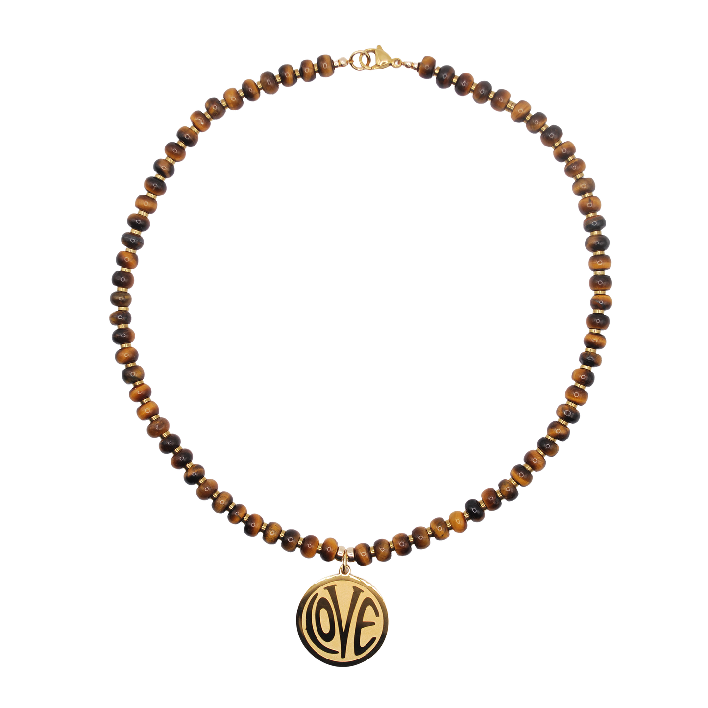 'wild love' tiger's eye beaded necklace with gold love charm
