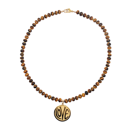 'wild love' tiger's eye beaded necklace with gold love charm